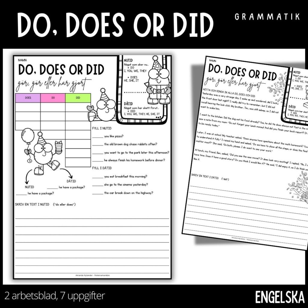 Arbetsblad – do, does or did – engelska grammatik