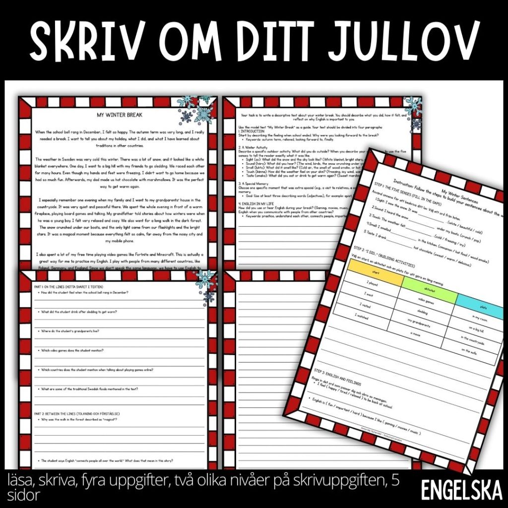 Mitt jullov – skrivuppgift & läsförståelse – engelska – 5 uppgifter