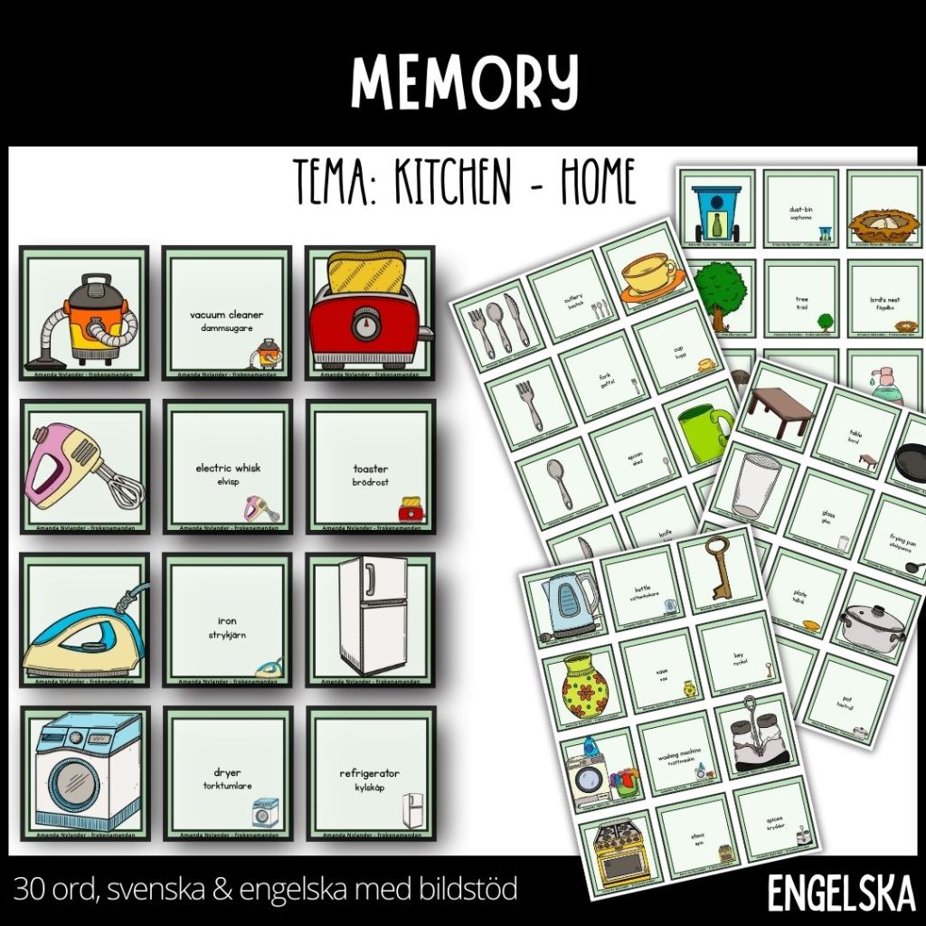 MEMORY – kitchen / home – 60 kort – bildstöd / svenska & engelska