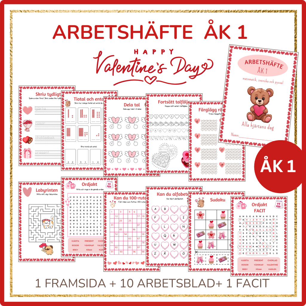 Valentine Arbetshäfte åk 1, 10 sidor matematik, svenska och pyssel