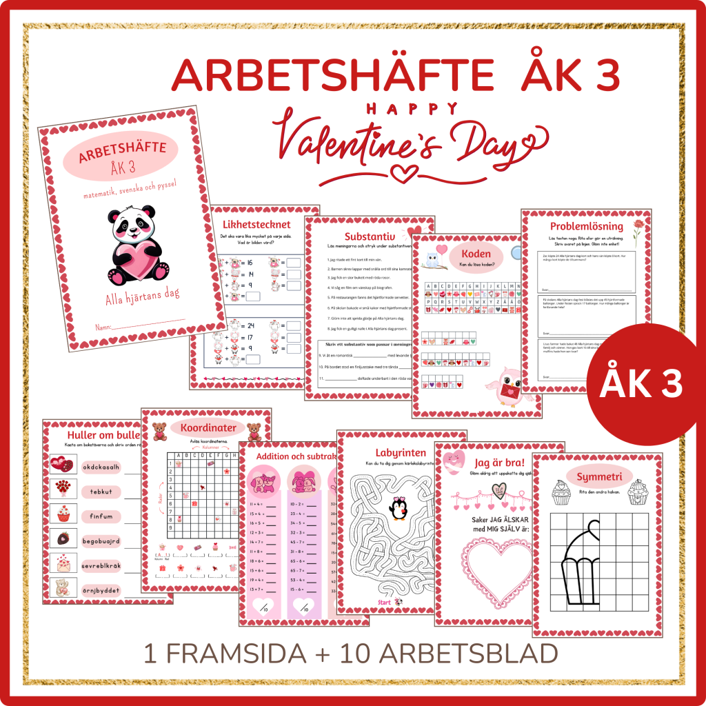 Valentine Arbetshäfte åk 3, 10 sidor matematik, svenska och pyssel