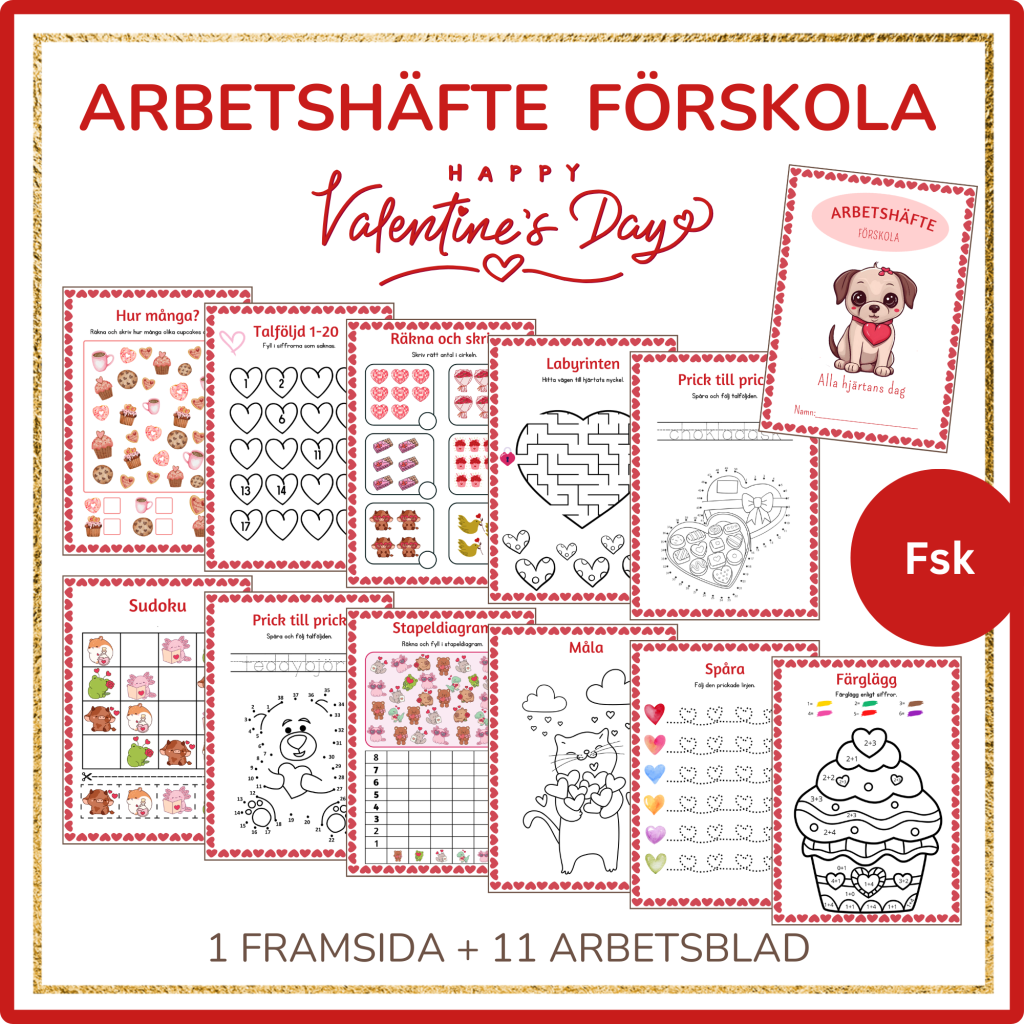 Valentine Arbetshäfte förskola, 10 sidor pyssel och räkna