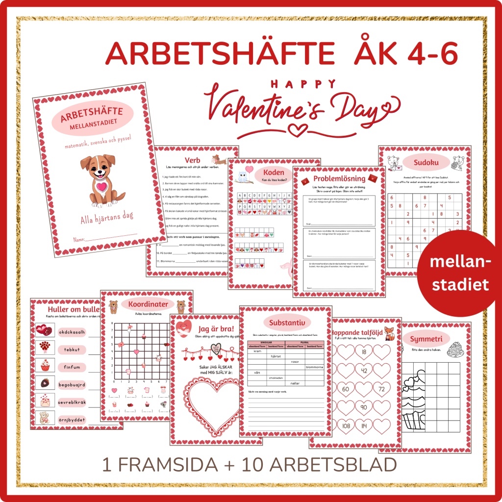 Valentine Arbetshäfte mellanstadiet 10 sidor matematik, svenska och pyssel
