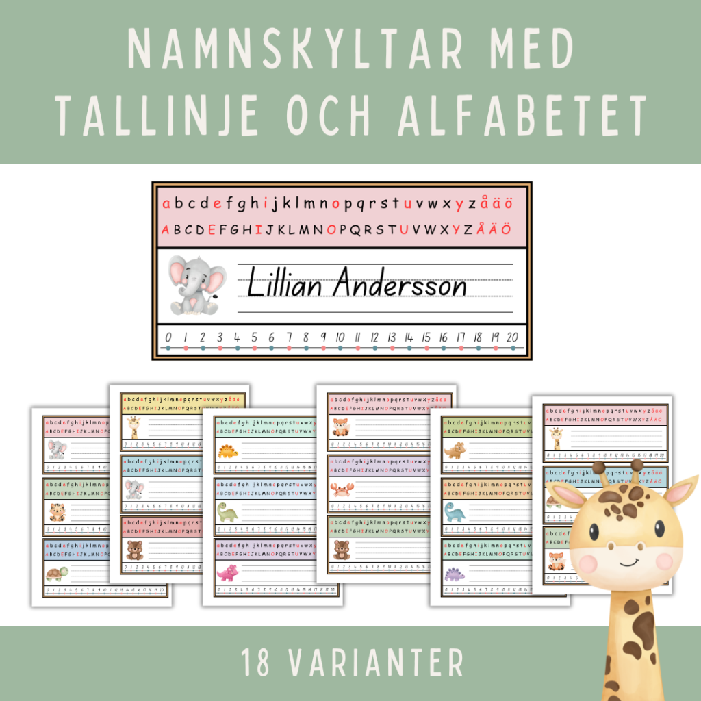Namnskyltar i pastell med gulliga djur och med tallinje, alfabet och stödlinjer till namn. 18 varianter.