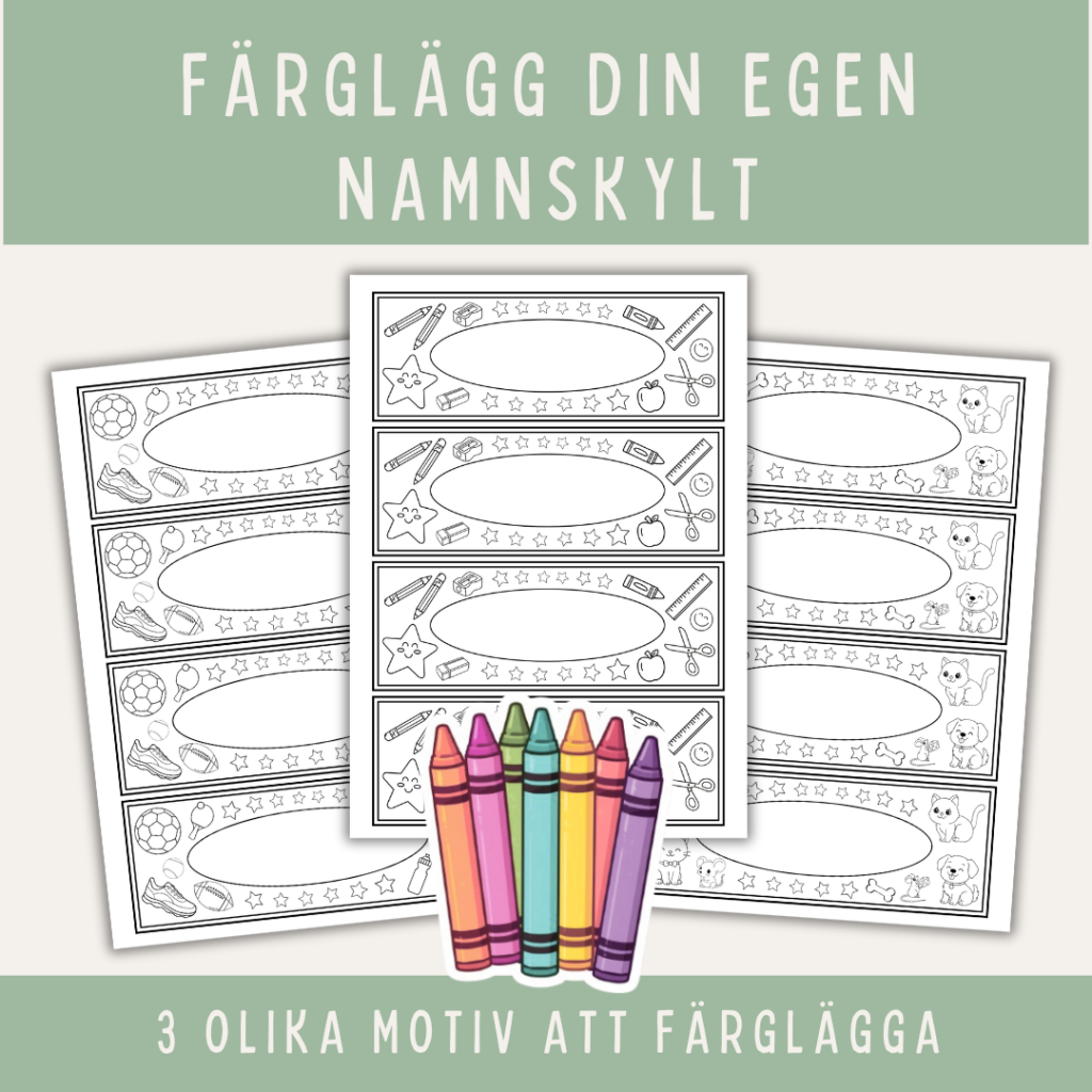 Färglägg din namnskylt, 3 motiv