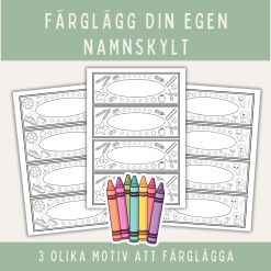 Färglägg din namnskylt, 3 motiv