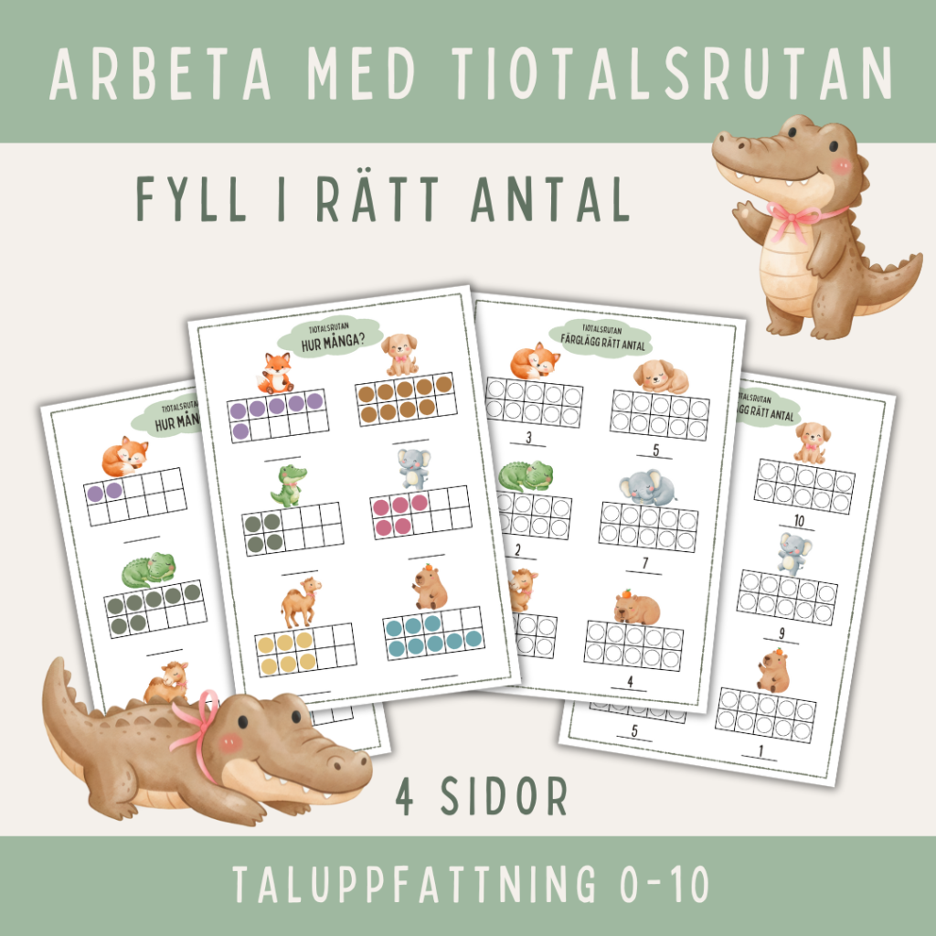 Arbeta med tiorutan, taluppfattning 0-10, 4 arbetsblad
