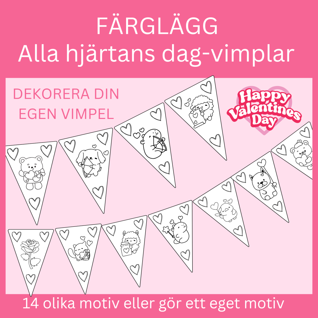 Färglägg egna vimplar Alla hjärtans dag, 14 motiv