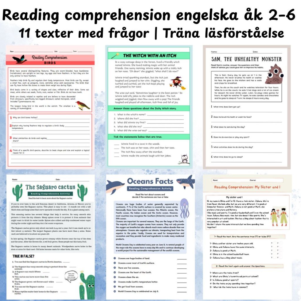 Reading comprehension engelska åk 2–6 | 11 texter med frågor | Träna läsförståelse