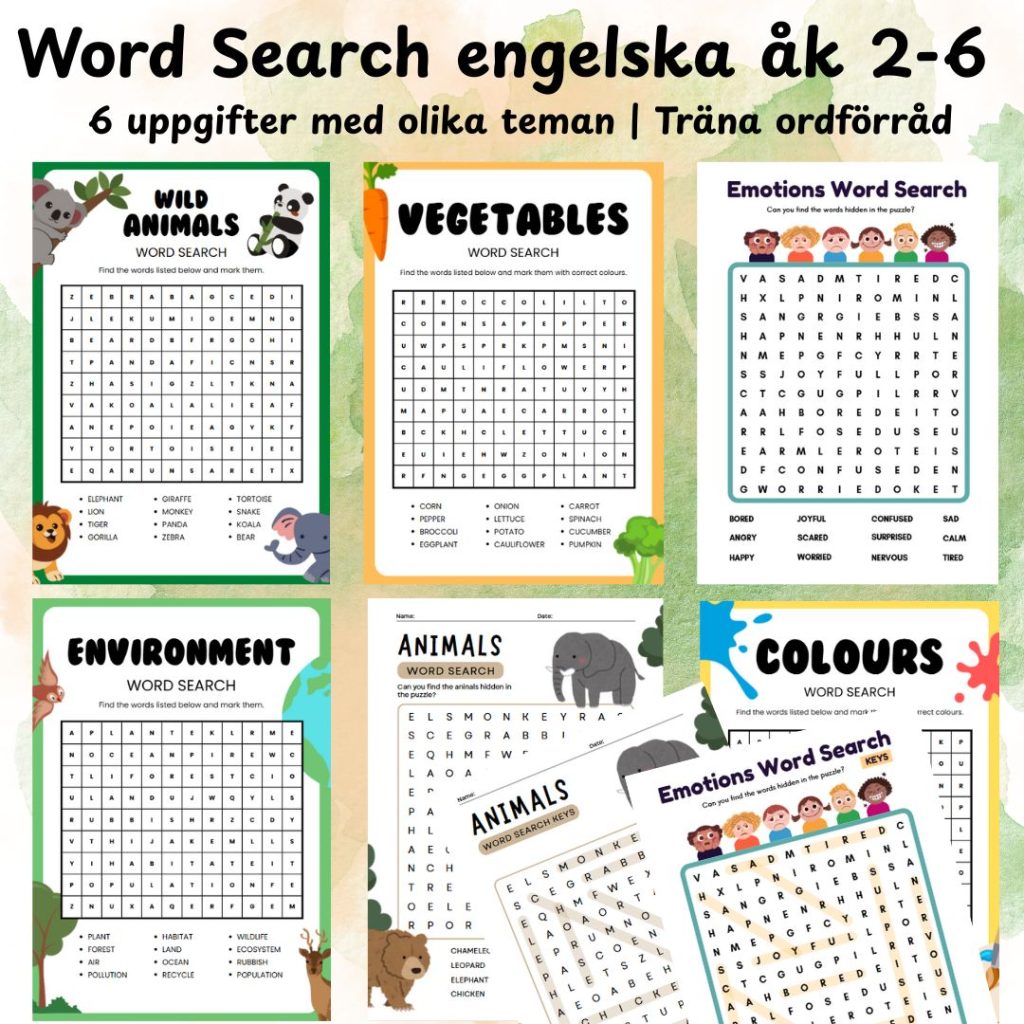 Word Search engelska åk 2-6 | 6 uppgifter med olika teman | Träna ordförråd