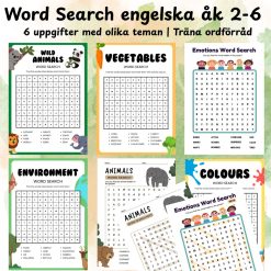 Word Search engelska åk 2-6 | 6 uppgifter med olika teman | Träna ordförråd