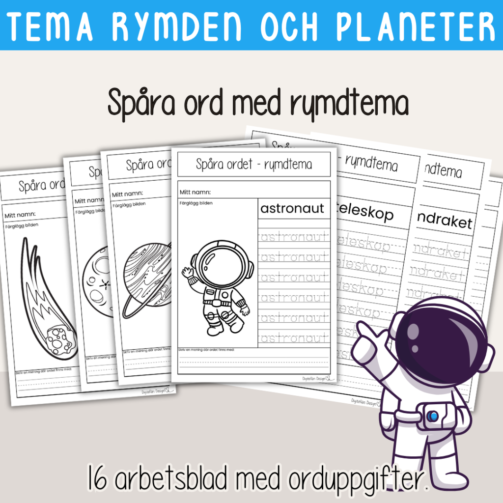 Rymden, solsystemet och planeter – Spåra ord med rymdtema – 16 arbetsblad med olika ord