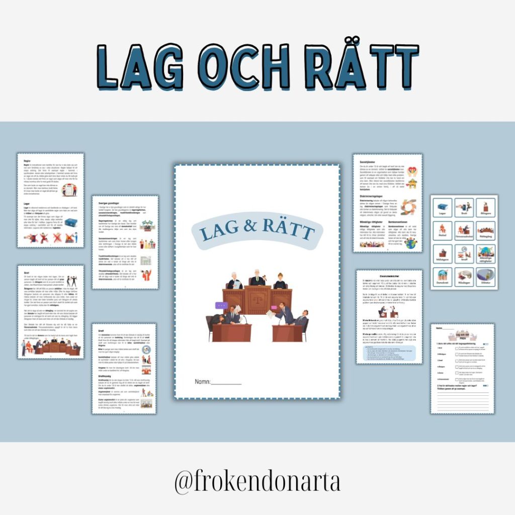 Lag och rätt – Helt arbetsområde(Faktatext frågor + Begreppskort + Prov + Övningar + Muntlig debatt)