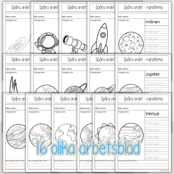 Rymden, solsystemet och planeter – Spåra ord med rymdtema – 16 arbetsblad med olika ord
