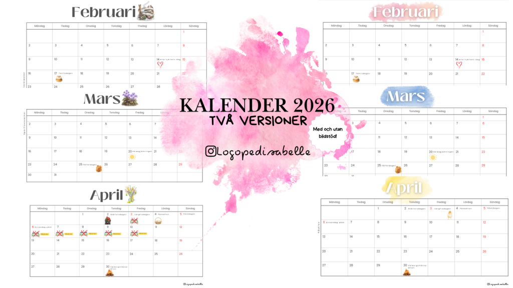 Månadskalender 2026 – med resp utan bildstöd!
