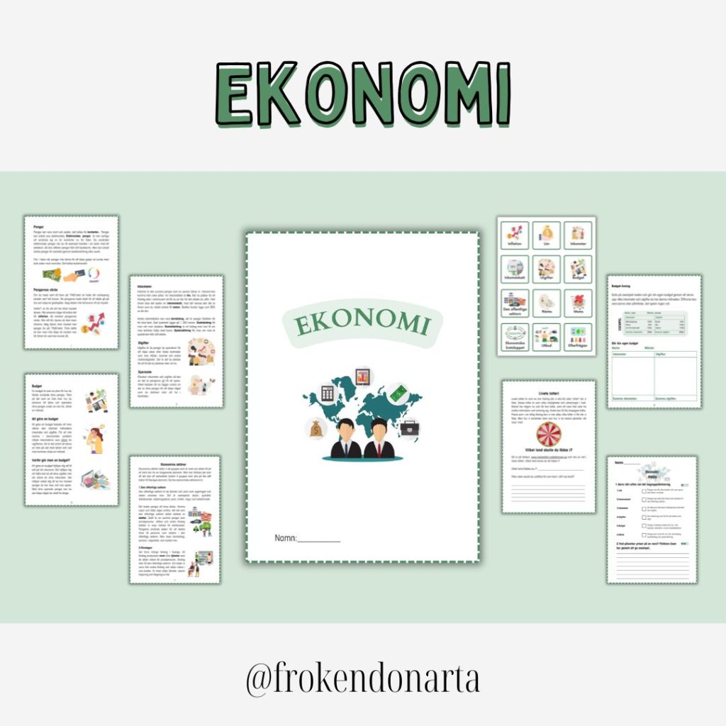 Ekonomi – Helt arbetsområde (Faktatext med frågor + Begreppskort + Prov + Resonemang och samband övningar + Livets lotteri)
