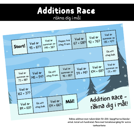 Additions Race – addition inom 50-200 med ental, tiotal, hundratal och tiotalsövergångar
