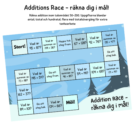 Additions Race – addition inom 50-200 med ental, tiotal, hundratal och tiotalsövergångar
