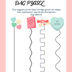 Arbetsblad för Alla hjärtans dag där barn tränar sin klipp förmåga genom att följa olika linjer upp till hjärtballonger, kort och godisar.