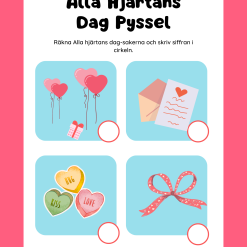 Detta arbetsblad med Alla hjärtans dag‑tema låter barn träna sin räkneförmåga på ett roligt och visuellt sätt. Barnen räknar olika symboler – HUG, KISS och LOVE – och skriver rätt siffra i cirkeln. Övningen stärker antaluppfattning, matematiskt tänkande och koncentration, samtidigt som barnen får arbeta med ett mysigt och motiverande högtidstema.