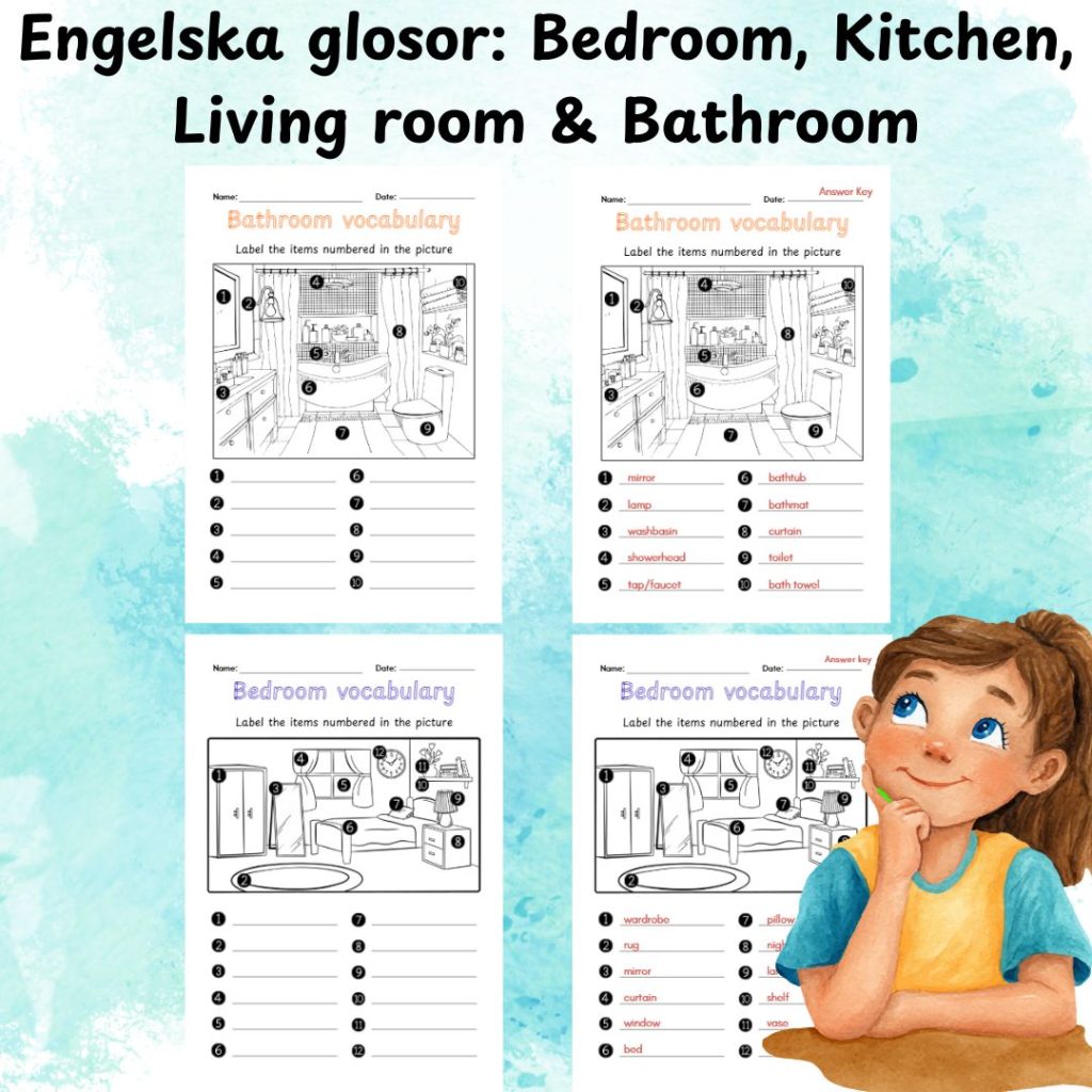 Engelska glosor: Bedroom, Kitchen, Living room & Bathroom