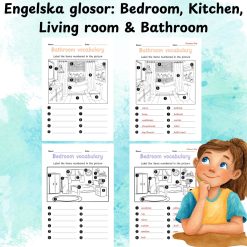 Engelska glosor: Bedroom, Kitchen, Living room & Bathroom