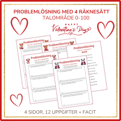 Alla hjärtans dag, problemlösning med de 4 räknesätten, talområde 0-100, 12 uppgifter med facit
