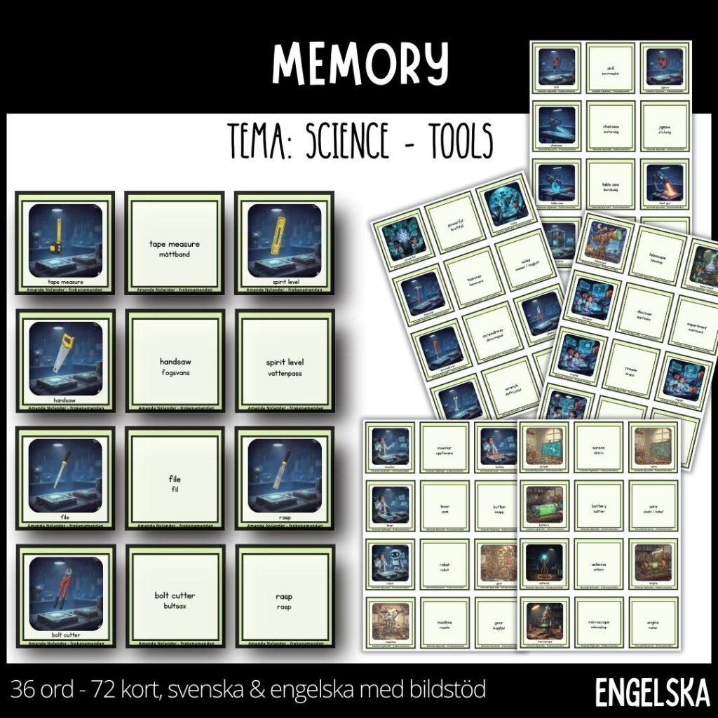 MEMORY – sience / tools – 72 kort – bildstöd / svenska & engelska