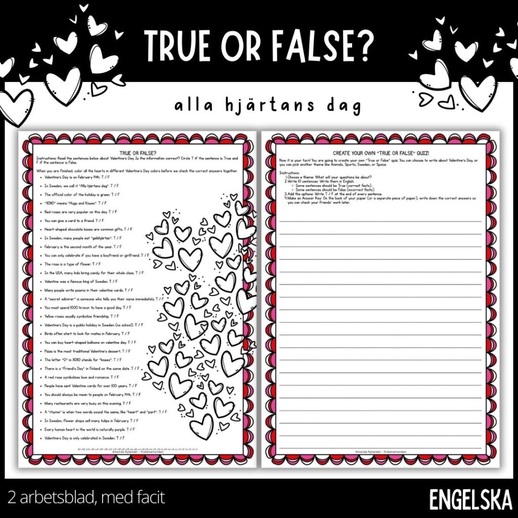 Alla hjärtans dag true or false – 2 arbetsblad