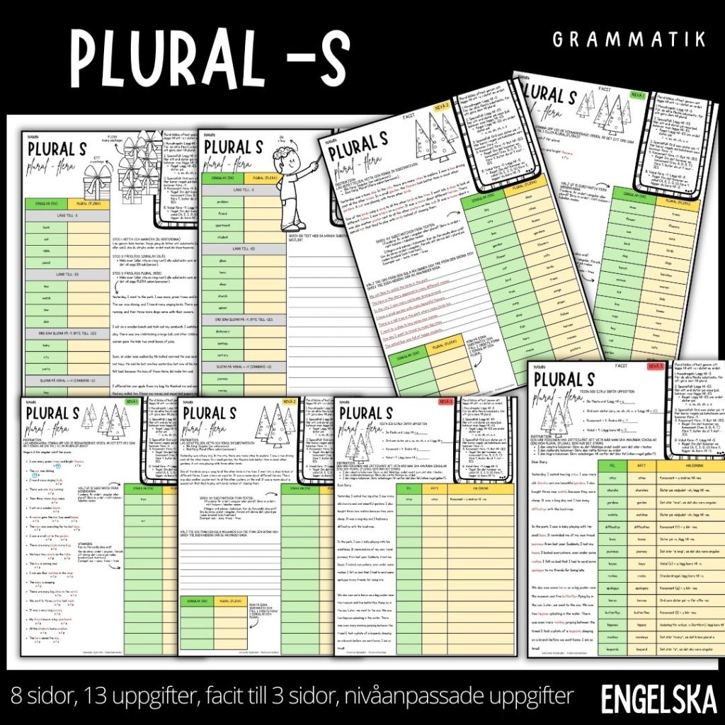 Arbetsblad – plural s – engelska grammatik – 8 sidor – nivåanpassat – facit