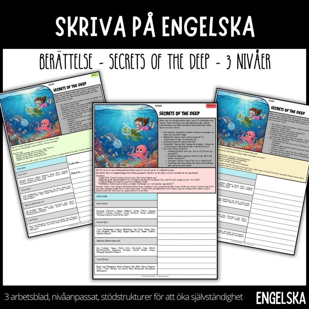 Skriva på engelska – berättelse – Secrets of the Deep – 3 nivåer – stödstrukturer för att öka självständighet