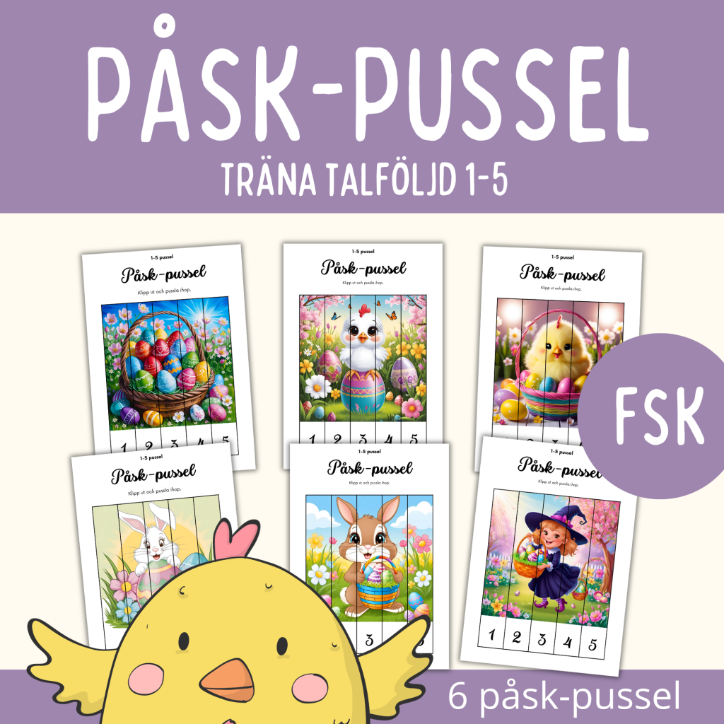 Påsk-pussel, träna talföljd 1-5, 6 pussel