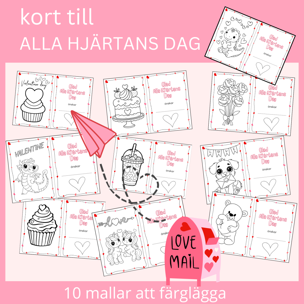 Färglägg kort till Alla hjärtans dag, del 2, 10 mallar