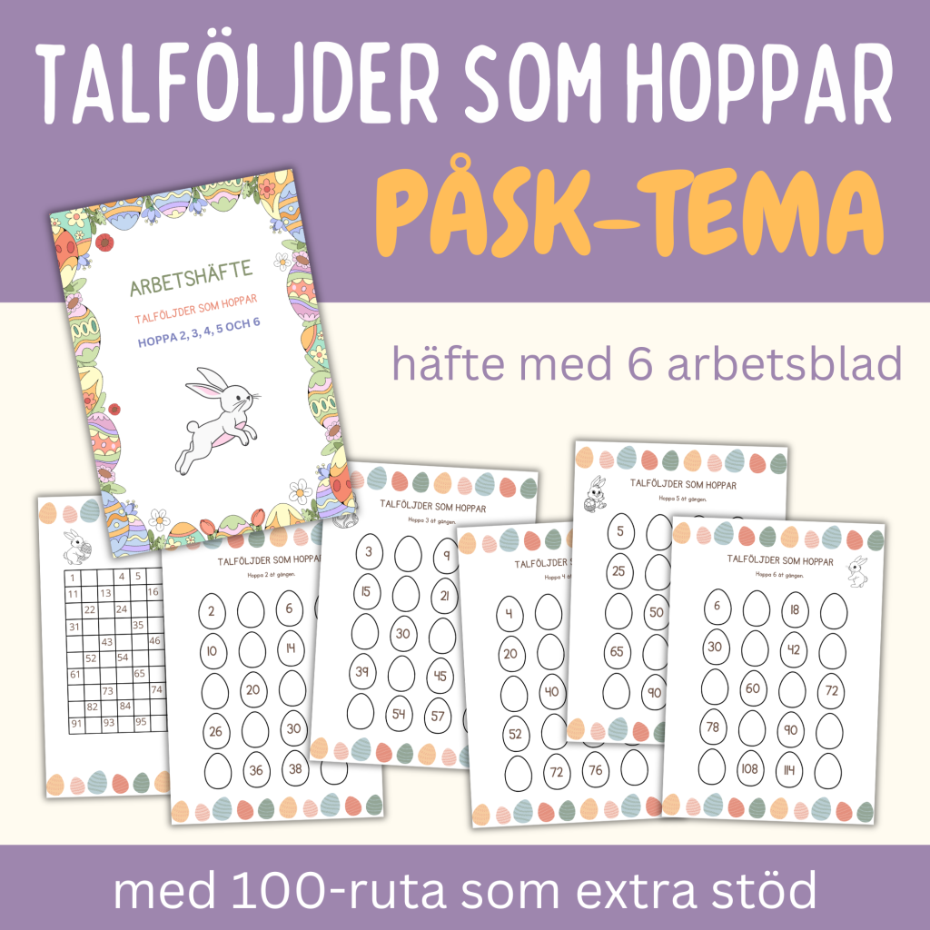Talföljder som hoppar, påsk-tema, multiplikationstabell 2-6, med 100-ruta som stöd