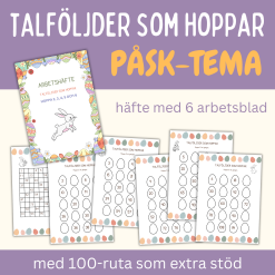 Talföljder som hoppar, påsk-tema, multiplikationstabell 2-6, med 100-ruta som stöd