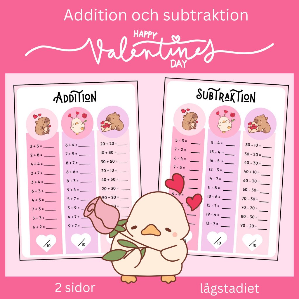 Addition och subtraktion lågstadiet, Valentine, 2 sidor