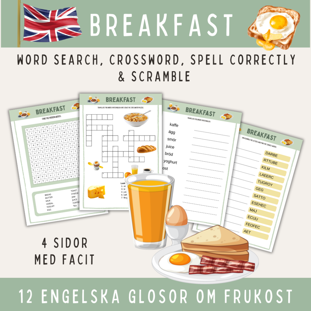 Breakfast, 12 glosor på engelska: ordsök, korsord, stava rätt & scramble