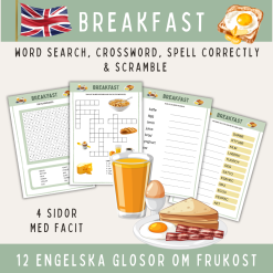 Breakfast, 12 glosor på engelska: ordsök, korsord, stava rätt & scramble