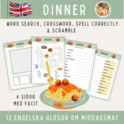 Dinner, 12 glosor på engelska: ordsök, korsord, stava rätt & scramble