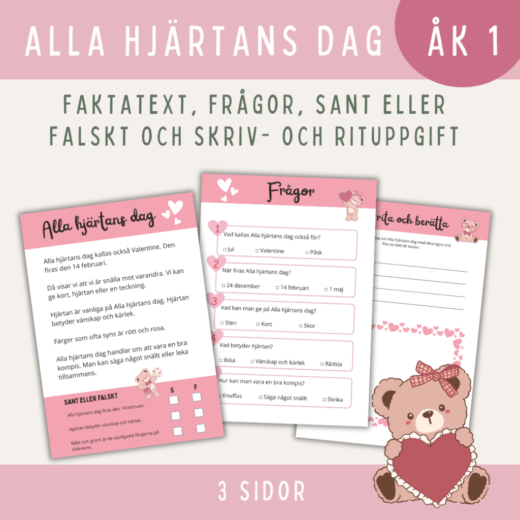 Alla hjärtans dag, faktatext med frågor (åk 1)