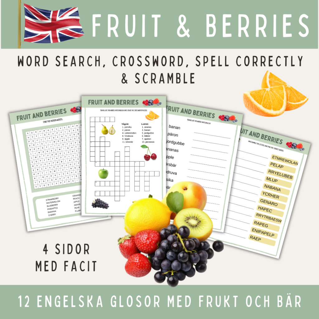 Frukt och bär, 12 glosor på engelska: ordsök, korsord, stava rätt & scramble