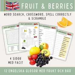 Frukt och bär, 12 glosor på engelska: ordsök, korsord, stava rätt & scramble