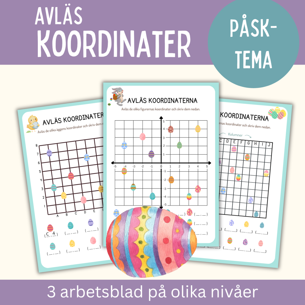 Avläs koordinater med påsk-tema, 3 arbetsblad med 3 olika nivåer