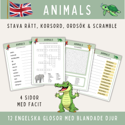 Glosor 12 djur på engelska: stava rätt, korsord, ordsök & scramble