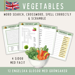 Grönsaker, 12 glosor på engelska: ordsök, korsord, stava rätt & scramble