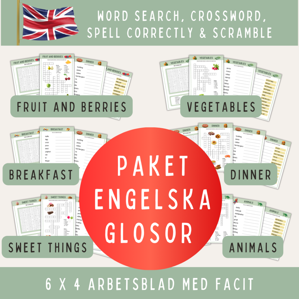 Paket med engelska glosor uppdelat i 6 teman