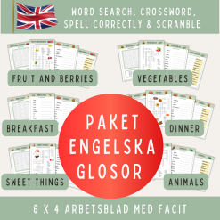 Paket med engelska glosor uppdelat i 6 teman