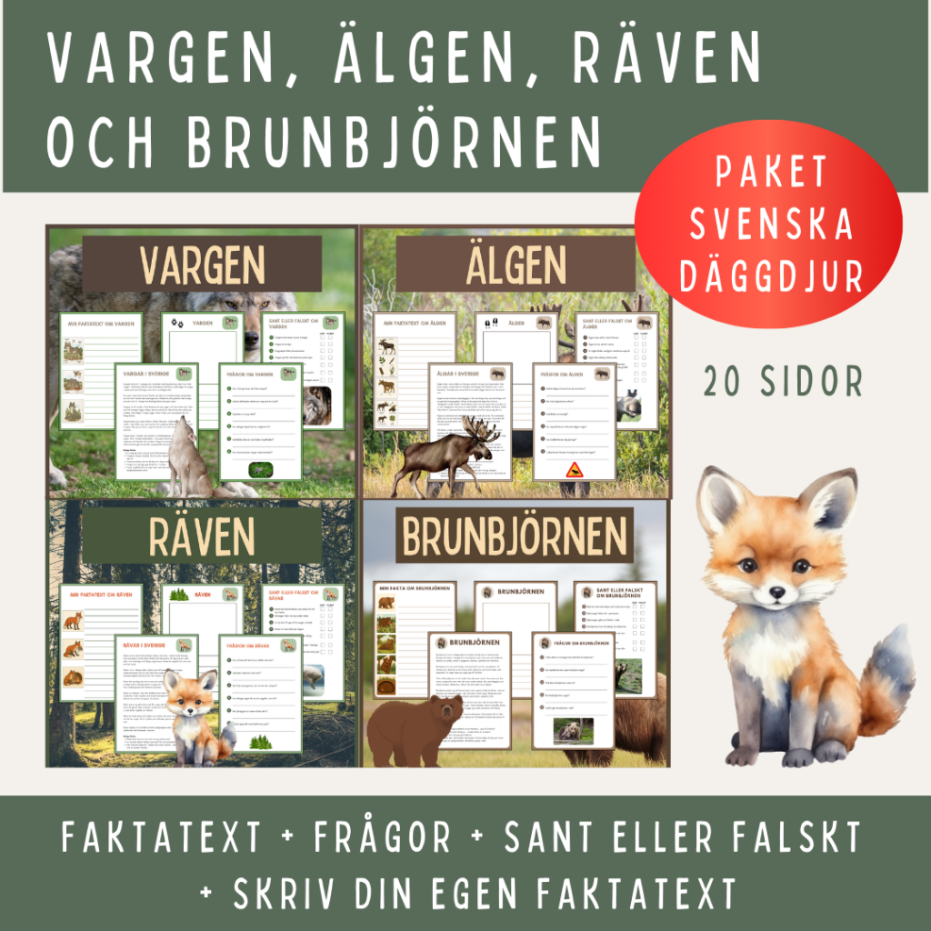 Svenska djur – fakta, läsförståelse och skrivuppgifter
