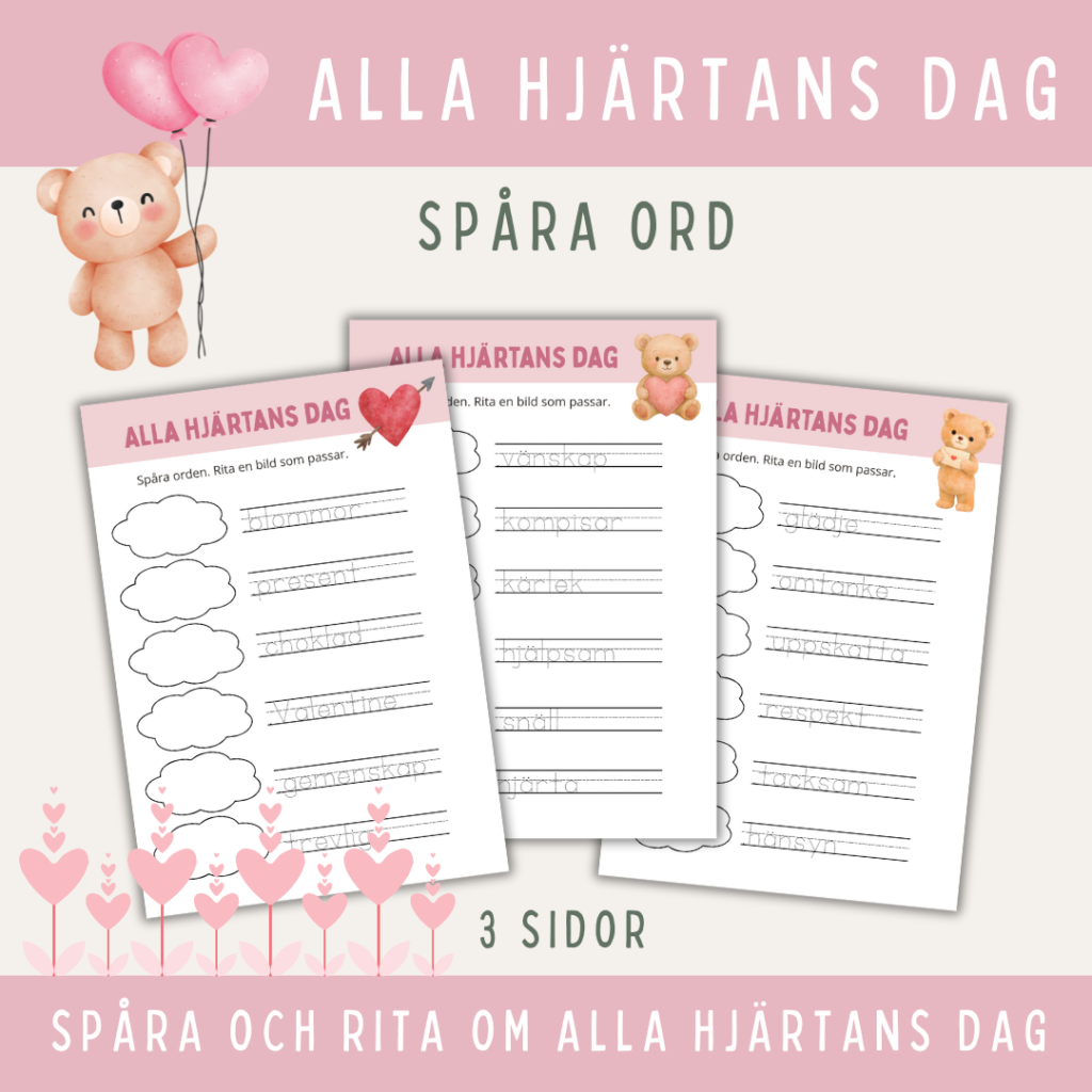 Spåra och rita om alla hjärtans dag, 3 sidor