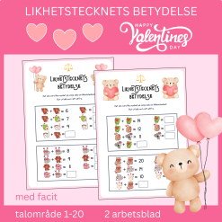 Likhetstecknets betydelse med Alla hjärtans dag-tema, 2 sidor med facit